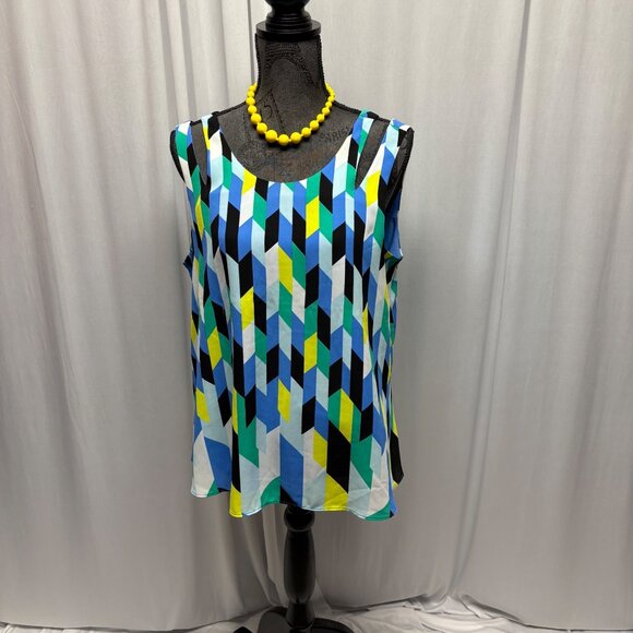 Kaari Blue Top Womens Size Large Sleeveless Cut Out Shoulder Geometric Blouse - Picture 1 of 7